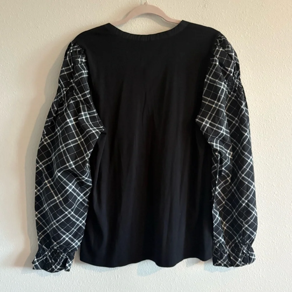 NWT LOFT Mixed-Media Blouse Split-Neck Puff-Sleeve Women’s XL Black Ribbed Plaid